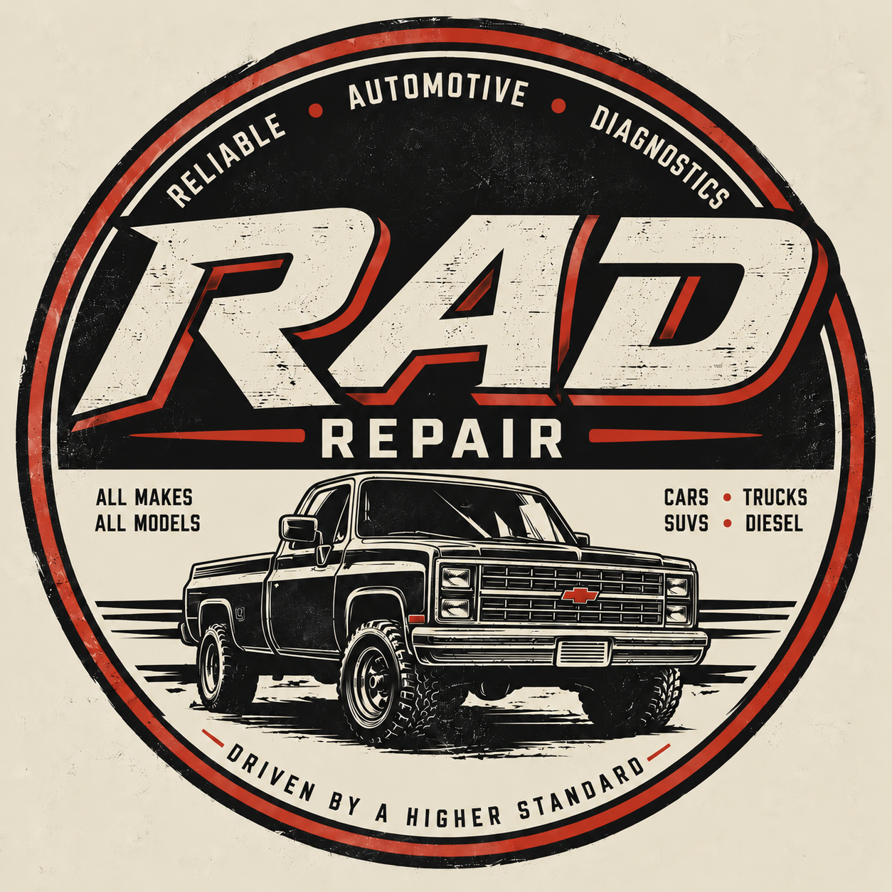 RAD REPAIR truck logo, Driven by a Higher Standard